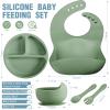 10 Pack Silicone Baby Feeding Set, Toddlers Led Weaning Feeding Supplies with Suction Baby Bowl Divided Plate Adjustable Bib Soft Silicone Spoon Fork, Infant Self Eating Utensil Set (Blue, Green) view 2