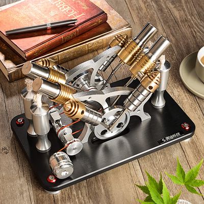 LeTkingok All-Metal Startable V4 Four-Cylinder Stirling Engine Model DIY High-end Generator Set with Stainless Steel Heating Tube M16-V4-D