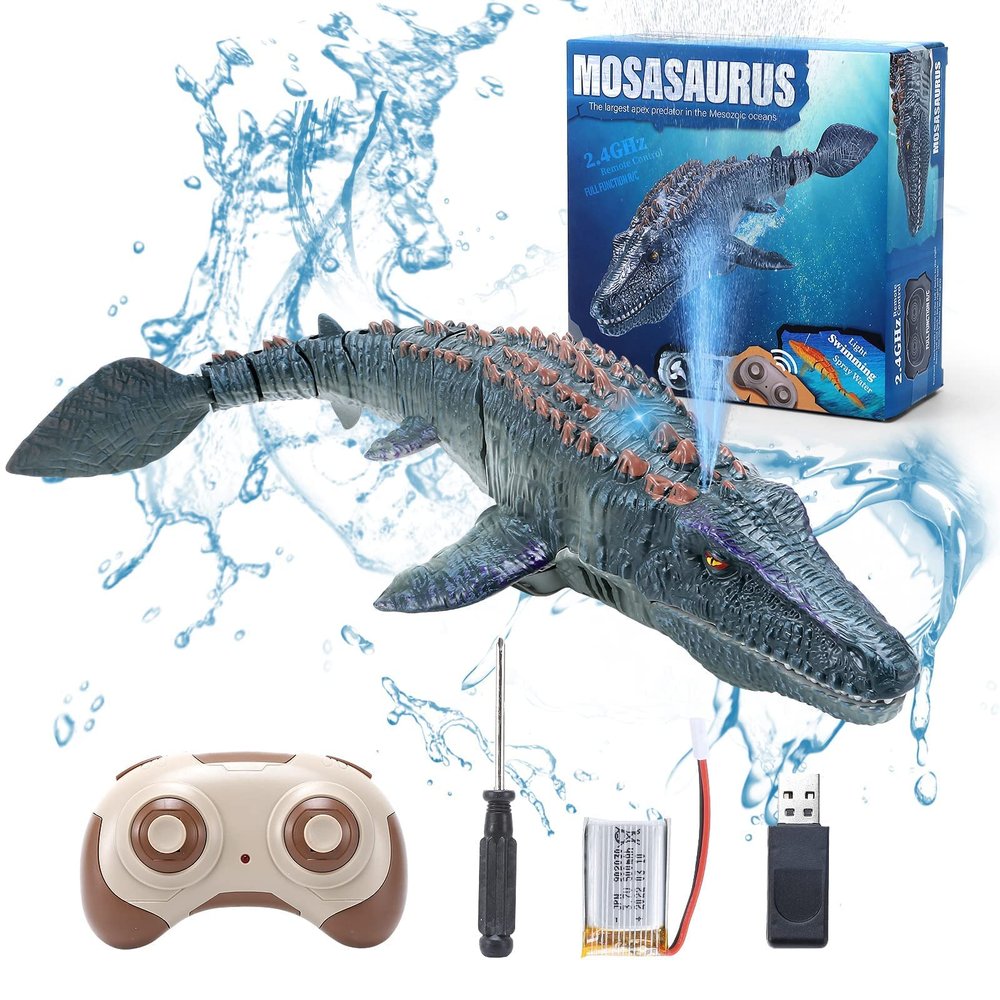 fromeasy Remote Control Dinosaur Toys for Kids 3 4 5 6 7, Mosasaurus Diving Toys RC Boat with Light and Spray Water for Swimming Pool Lake Bathroom Ocean Protector Bath Toys