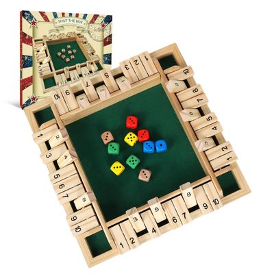 GOTHINK 1-4 Player Shut The Box Dice Game, 11.5-inch Wooden Board Table Math Game with 10 Dices - Math & Decision Skills for Adults/Kids, Perfect for Home Class Parties & Pubs - Classic Tabletop Fun