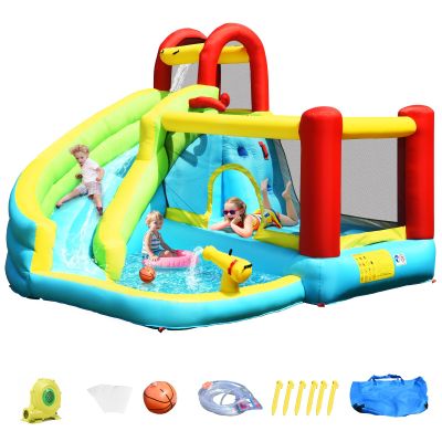 OLAKIDS Inflatable Water Slide, 6 in 1 Bounce House with Slide Climbing Wall Splash Pool Basketball Rim Water Gun, Outdoor Water Park Jumping Castle Inflatable Obstacle Course for Kids Backyard