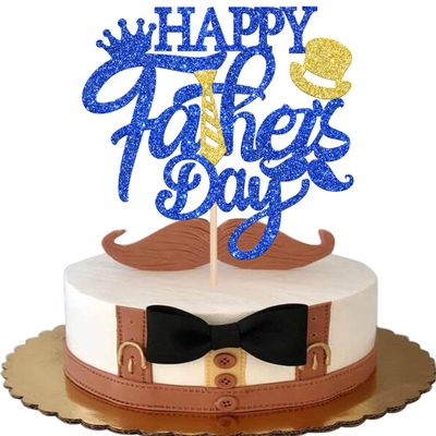 1 Pack Happy Father's Day Cake Topper Glitter Best Dad Cake Pick Super Dad Tie Hat Moustache Cake Decoration for Happy Father's day Theme Men Birthday Party Supplies Blue
