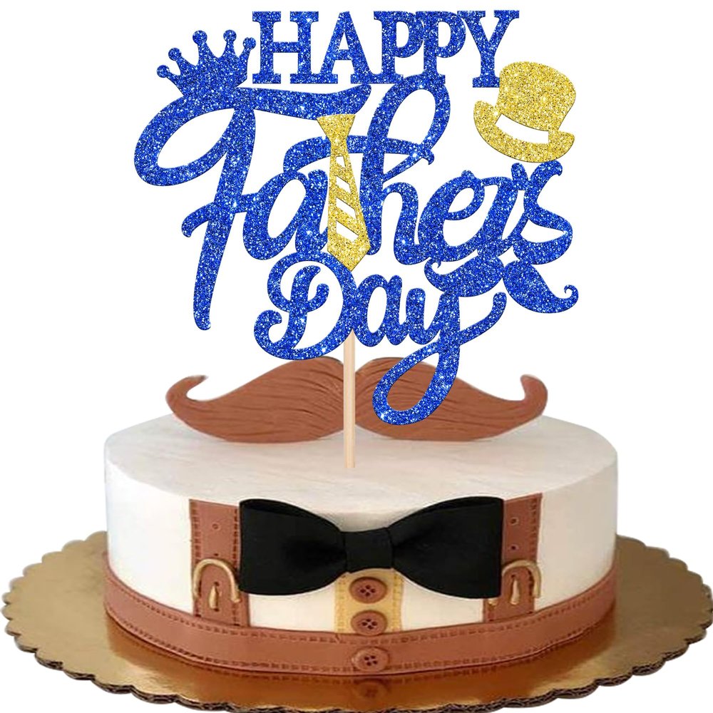 1 Pack Happy Father's Day Cake Topper Glitter Best Dad Cake Pick Super Dad Tie Hat Moustache Cake Decoration for Happy Father's day Theme Men Birthday Party Supplies Blue