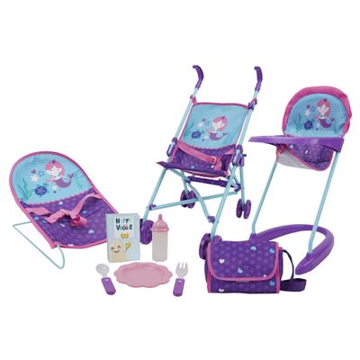 509 Crew Mermaid 9 Piece Set: Doll Feed n Play Set - Includes Stroller, Highchair, Bouncer, Handbag, Feeding Accessories, Kids Pretend Play Ages 3+ (T826028)