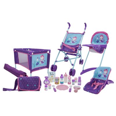 509 Crew Mermaid 21 Piece Set: Doll Stroll n Play & Care Set - Includes Stroller, Car Seat, Highchair, Play Yard, 15 Piece Accessories, & Diaper Bag/Handbag, Kids Pretend Play Ages 3+ (T818028)