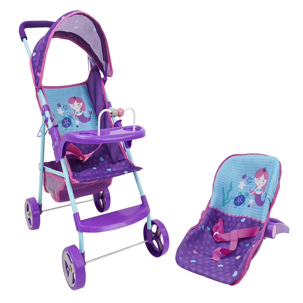 509 Crew 509: Mermaid Doll Travel System Stroller - Kids Pretend Play Stroller Set, Includes Shopping Basket, Retractable Canopy, Child Tray & Removable Car Seat, Ages 3+ (T716028)