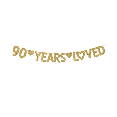 90 Years Loved Banner, Gold Glitter Happy 90th Birthday Party Decorations