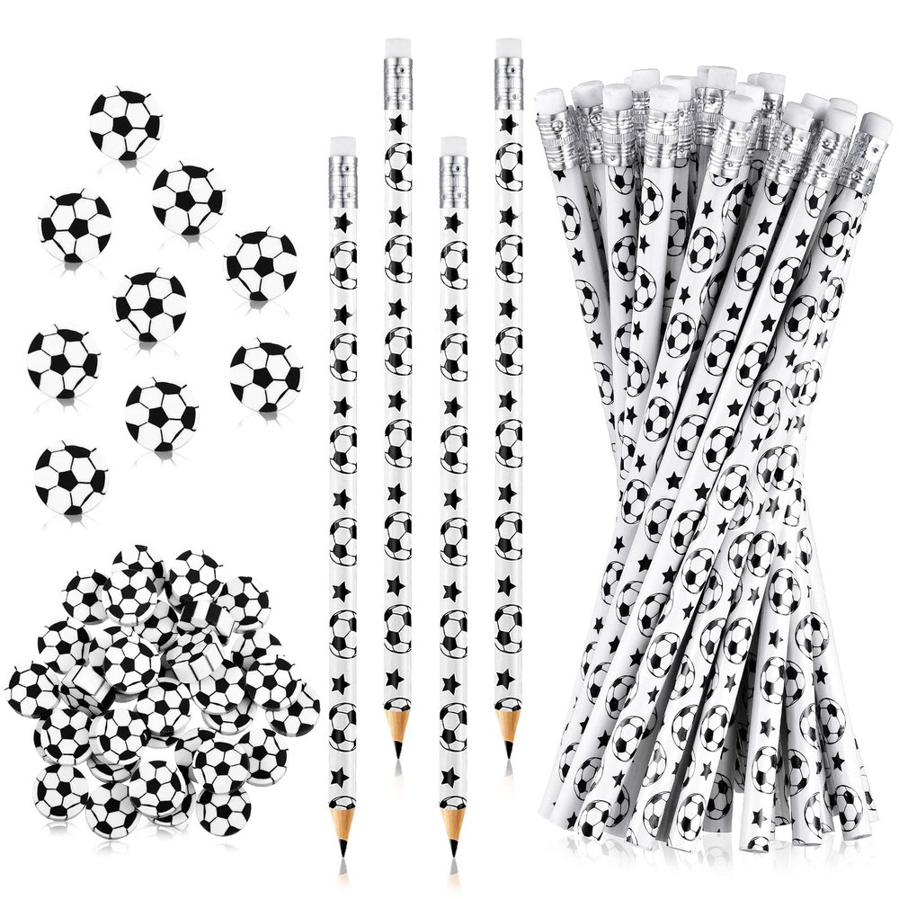 Tinlade 72 Pcs Soccer Pencils and Erasers for Kids Fun Wooden Pencils for Kids Boys Sports Themed Stuff Birthday Party Favors Gifts Goodie Bags Students Stationery Party School Office Supplies