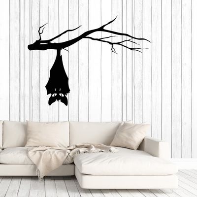 Vinyl Wall Decal Kids Room Halloween Bat On Tree Branch Scary Stickers Mural Large Decor (g6828) Black