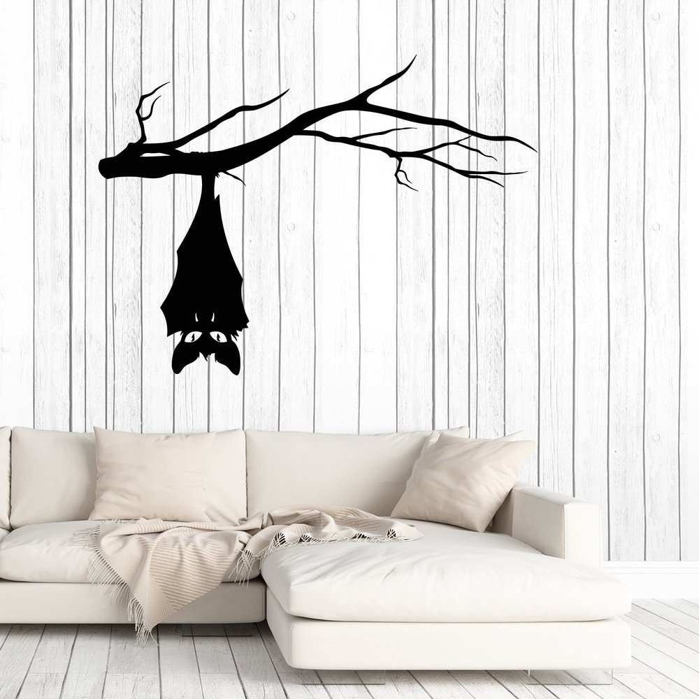 Vinyl Wall Decal Kids Room Halloween Bat On Tree Branch Scary Stickers Mural Large Decor (g6828) Black