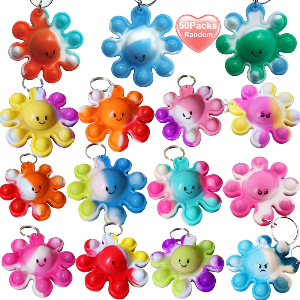 50 Packs Rainbow Mini Pop Octopus Fidget Keychain GiftSmall Christmas Party Fidgets Favors Bubble Anxiety Stress Reliever Stuents Prizes