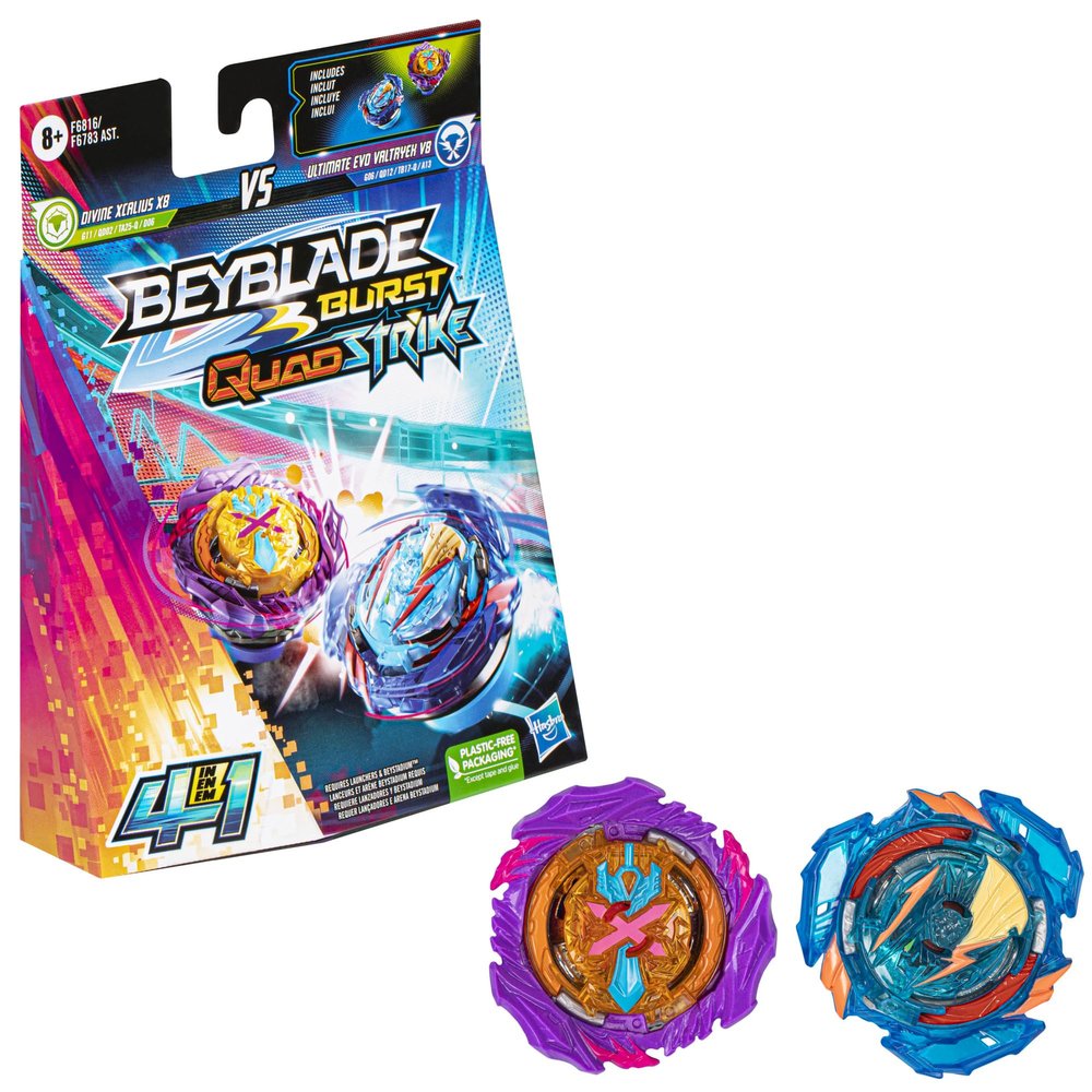 Beyblade Burst QuadStrike Ultimate Evo Valtryek V8 and Divine Xcalius X8 Spinning Top Dual Pack, 2 Battling Game Top Toy for Kids Ages 8 and Up