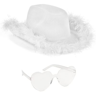 Funcredible White Cowboy Hat and Glasses  Fluffy Cowgirl Hat with Star and Feathers  Cowgirl Costume Accessories for Women