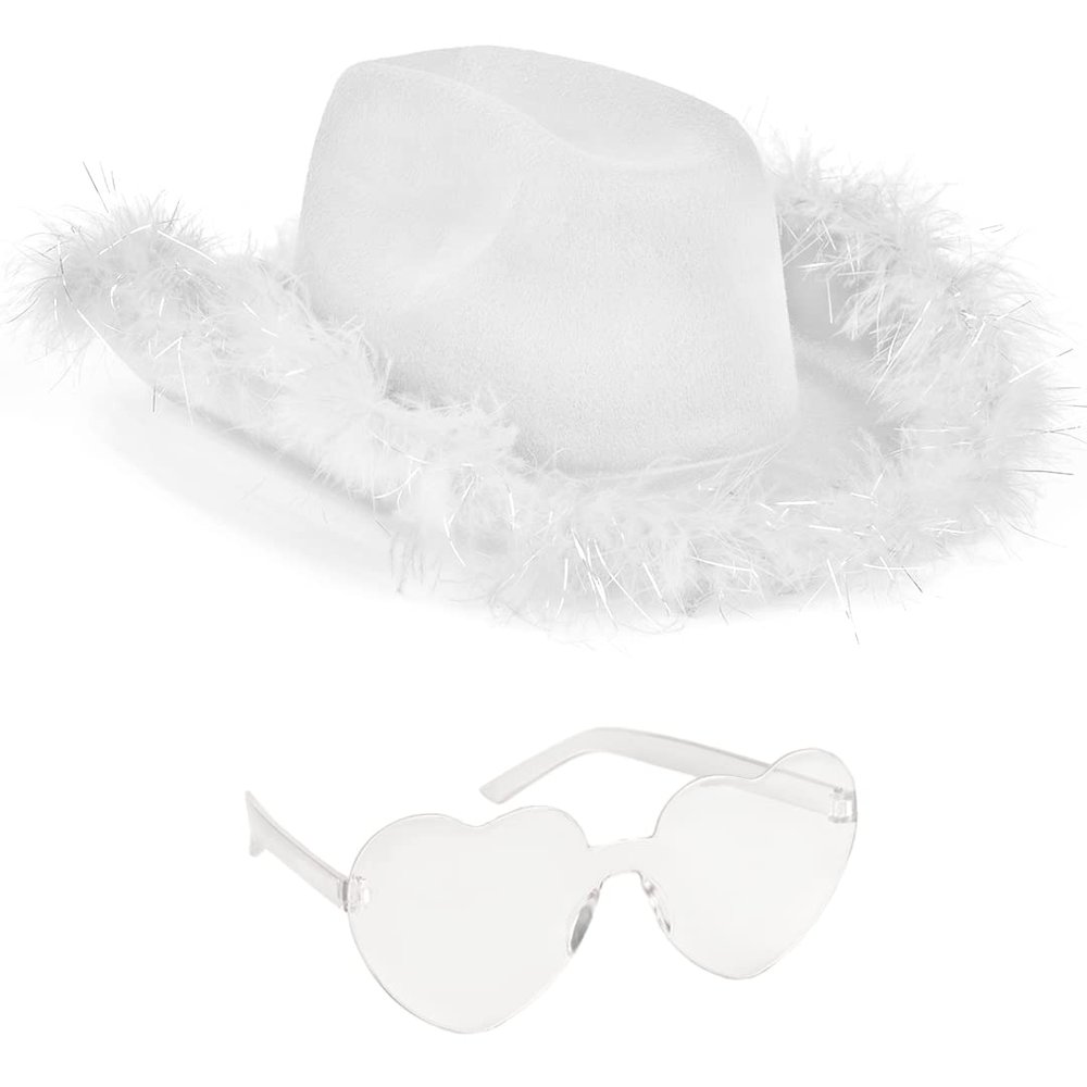 Funcredible White Cowboy Hat and Glasses  Fluffy Cowgirl Hat with Star and Feathers  Cowgirl Costume Accessories for Women