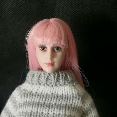 1/6 Scale Female Head Sculpt, Pale Skin Anime Girl Pink Hair Head Carved for 12inches Action Figure Body Doll