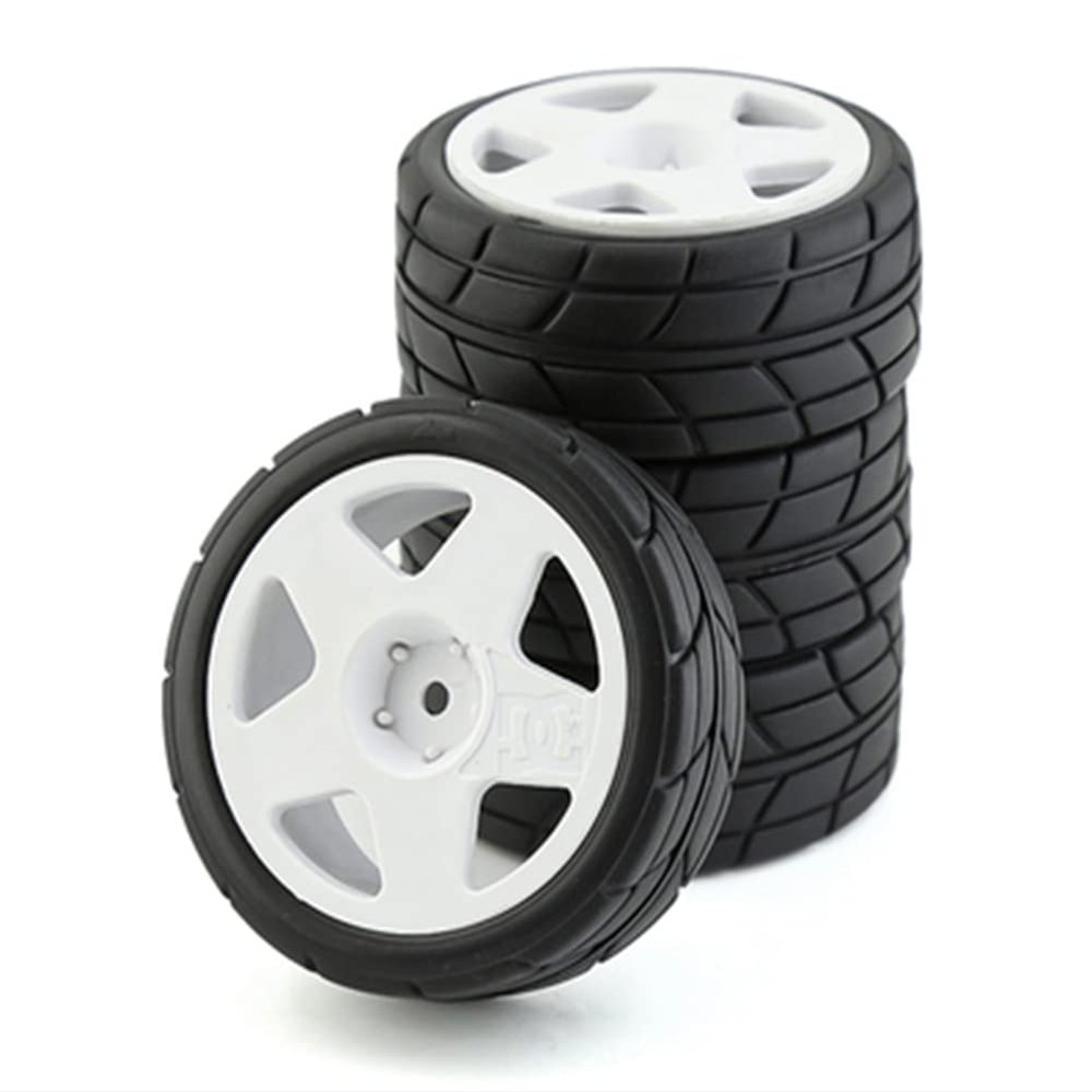 R.S 4PCS 65mm Rubber Tires Plastic Wheel Rim for 1/10 RC Rally Car HPI Tamiya Kyosho WRC Claw 43 Ken Block Fiesta XV01 TT02, White a