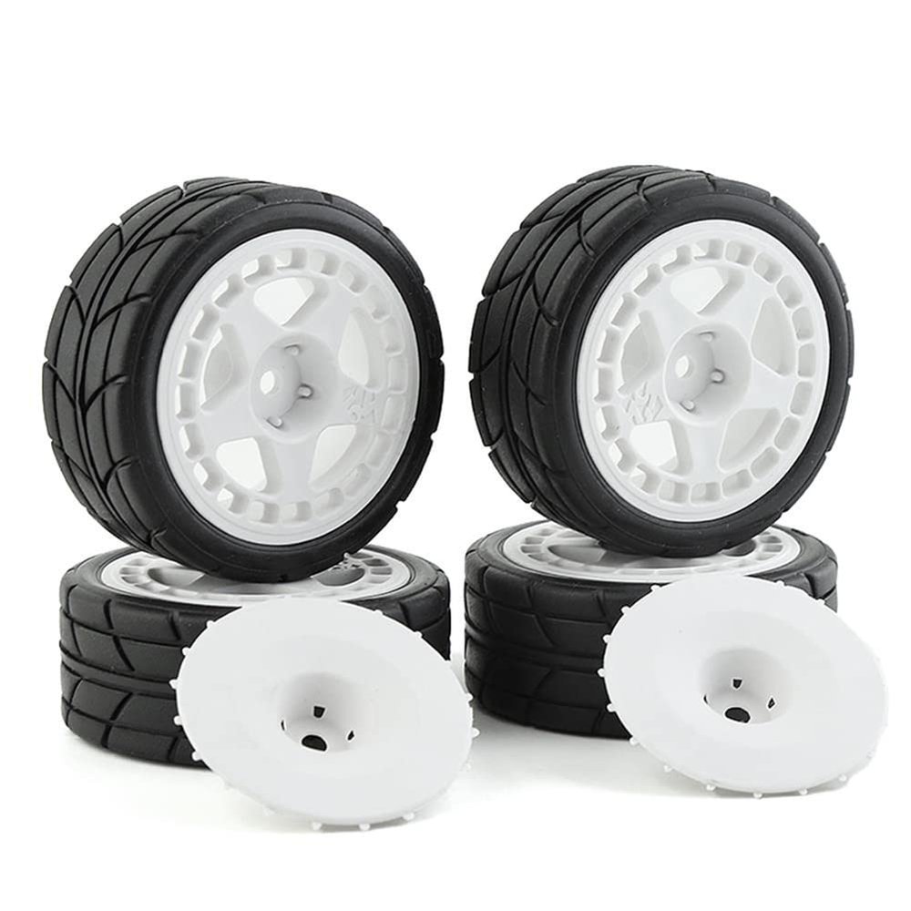 R.S 4PCS 65mm Rubber Tires Plastic Wheel Rim for 1/10 RC Rally Car HPI Tamiya Kyosho WRC Claw 43 Ken Block Fiesta XV01 TT02, White