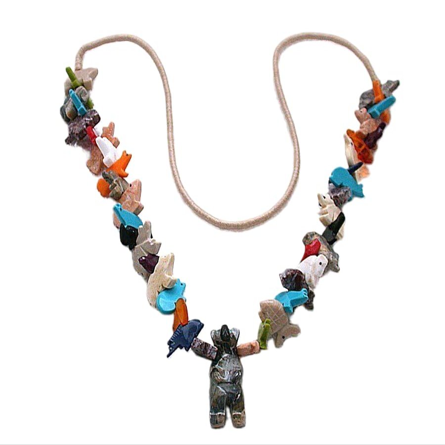 Standing Bear Assorted Figures Carved Asst'd Stone 30 Inch Fetish Necklace FN46