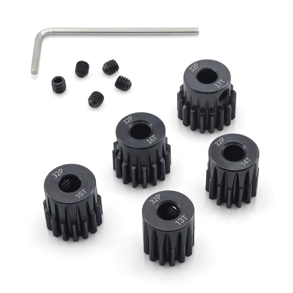 32P Metal Steel Gear Set 5mm Hole 13T 14T 15T 16T 17T Gear with Hex Key Screwdriver Hardened Motor Pinion Gear for Traxxas Arrma HSP HPI AXIAL Tamiya Losi 1/8 RC Car(5Pack)