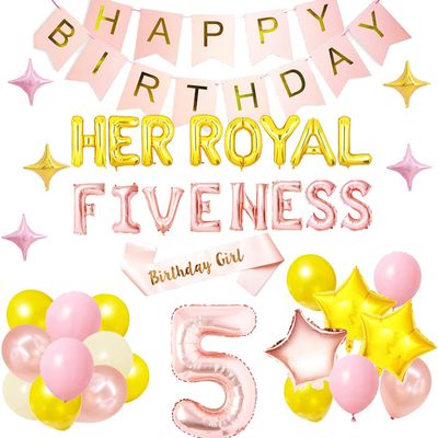 Her Royal Fiveness Birthday Decorations, 5th Birthday Decorations Girl, Princess Theme Bday Party Decorations for 5 Year Old, Her Royal Fiveness Fifth Party Supplies Favors Balloons Banner for Girls