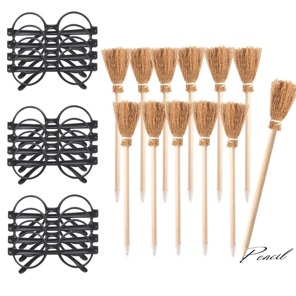 Col-Pary Party Supplies Kit - Black Glasses with Round Frame No Lenses,Broom Pencil for School Theme Birthday,Halloween,Cosplay Costume Party Decor,12pcs each