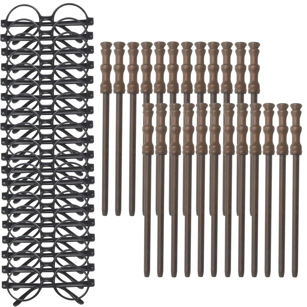 Party Supplies -24pcs Wand Pencil, 24pcs Black Glasses with Round Frame No Lenses for School , Birthday , Cosplay Decor, Halloween (48pcs all)