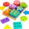 HELLOWOOD Wooden Sorting & Stacking Toys, Montessori Toys for 1 2 3 Years Old Toddlers, Shape Sorter Puzzles with 24-Piece Large Geometric Blocks & 12 Word Cards, Gift for 12+ Months Baby Boys Girls view 1
