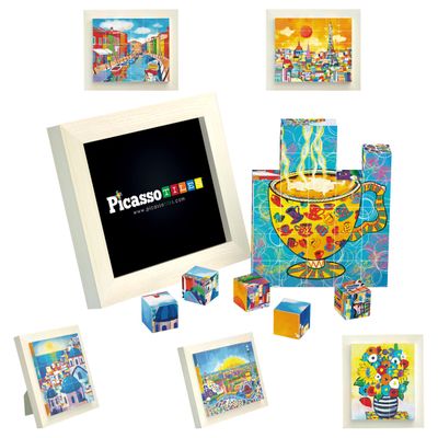 PicassoTiles 6-in-1 World Famous Painting Puzzles Magnetic Cubes Toy_Building_Block, Spain Park Guell, Paris Eiffel Tower, Greece Santorini & More for Kid, Educational Art for Boys and Girls