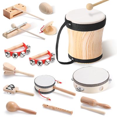 Chumia Toddler Musical Instruments Set 13 Pcs Montessori Wooden Percussion Instruments with Drum Preschool Educational Baby Early Learning Music Toys Set for Little Boys Girls Kids Children Gifts