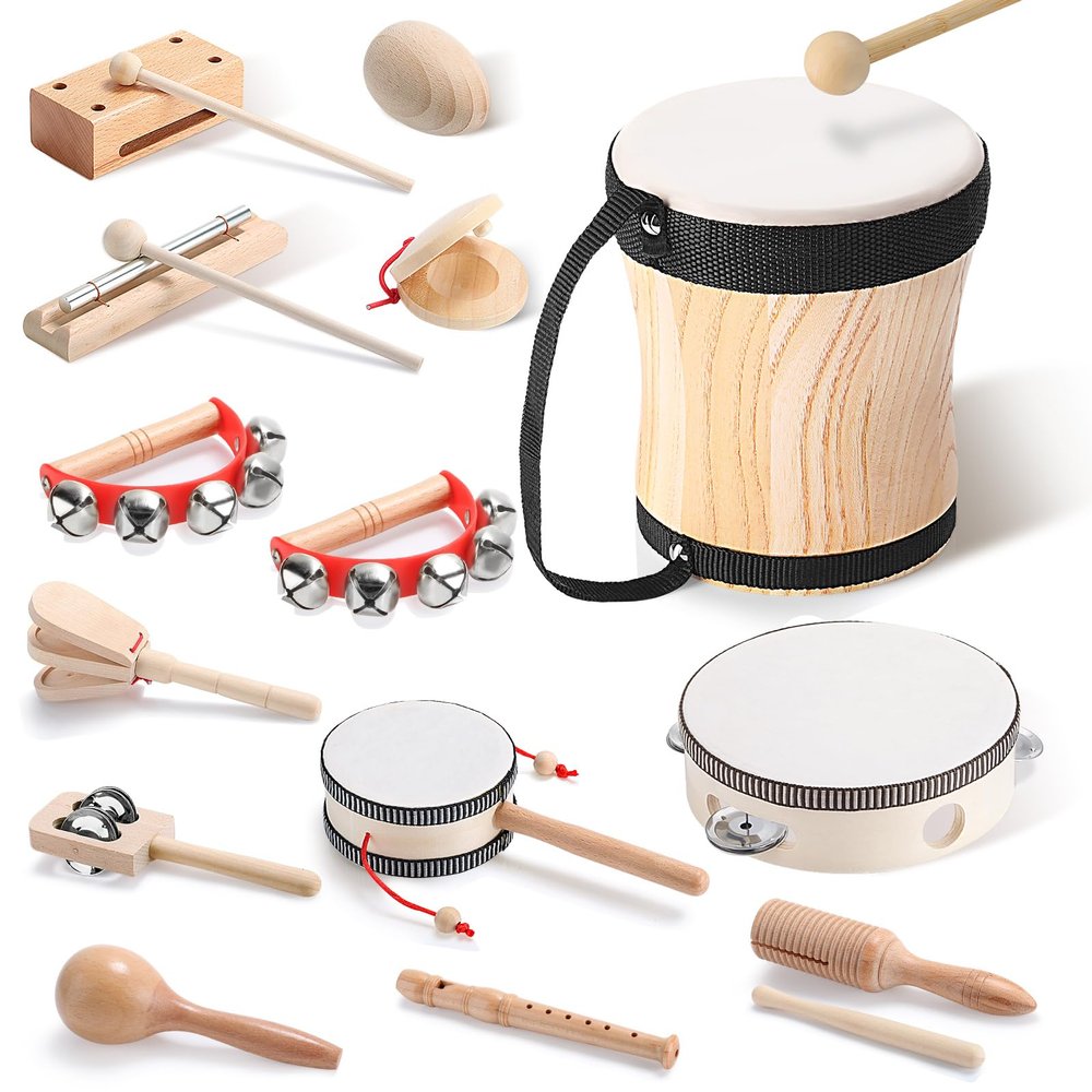 Chumia Toddler Musical Instruments Set 13 Pcs Montessori Wooden Percussion Instruments with Drum Preschool Educational Baby Early Learning Music Toys Set for Little Boys Girls Kids Children Gifts
