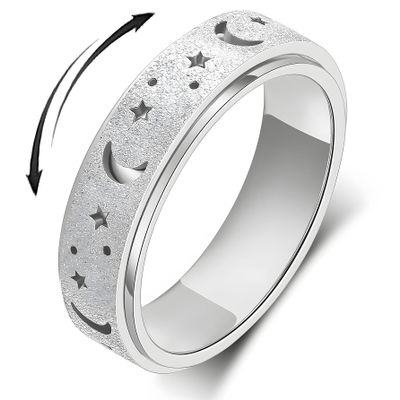 LuckyAmor Anxiety Ring for Women Spinner Rings:Rotating Rings Stainless Steel 6mm Moon Star Anxiety for Men Band Jewelry Gift for Women Size 6 7 8 9 10