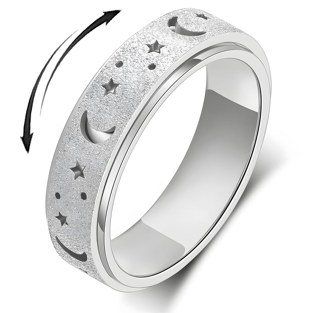 LuckyAmor Anxiety Ring for Women Spinner Rings:Rotating Rings Stainless Steel 6mm Moon Star Anxiety for Men Band Jewelry Gift for Women Size 6 7 8 9 10