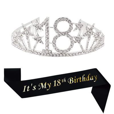 Mayin Happy 18th Birthday Tiara and Sash Gifts Crystal Rhinestone Princess Crown Birthday Girl Party Favor Supplies Silver Crowns Black Sash