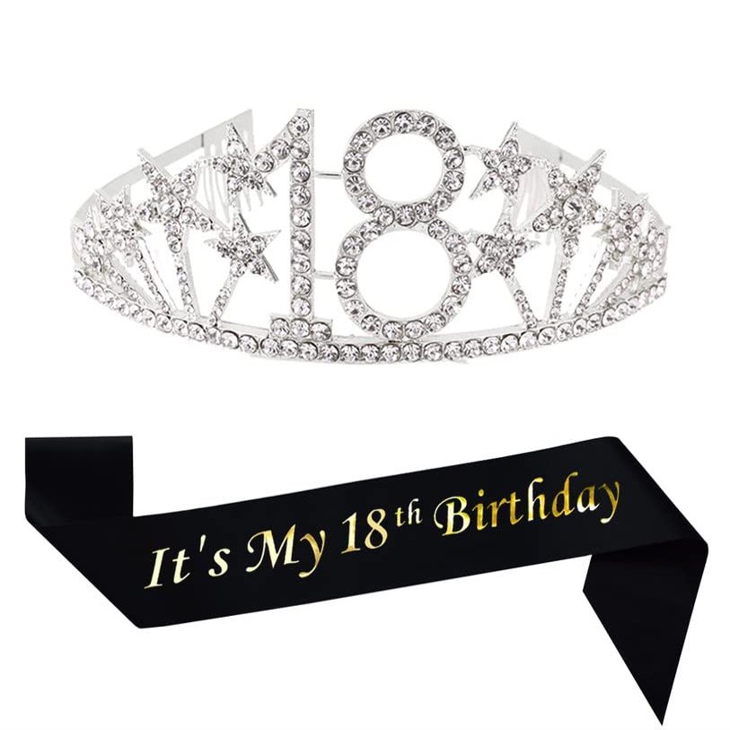 Mayin Happy 18th Birthday Tiara and Sash Gifts Crystal Rhinestone Princess Crown Birthday Girl Party Favor Supplies Silver Crowns Black Sash