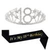 Mayin Happy 18th Birthday Tiara and Sash Gifts Crystal Rhinestone Princess Crown Birthday Girl Party Favor Supplies Silver Crowns Black Sash view 1