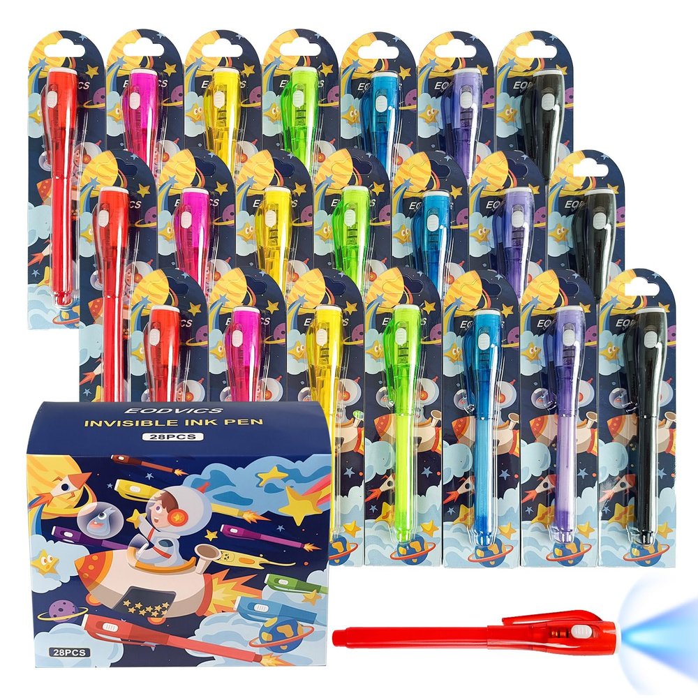 EODVICS Invisible Ink Pens, 28 Pack Spy Pen Invisible Disappearing Ink Pen with UV Light, Upgrade Exquisite Packaging Magic Pen for Secret Message, Birthday Party, and Kids Halloween Goodies Bags Toy