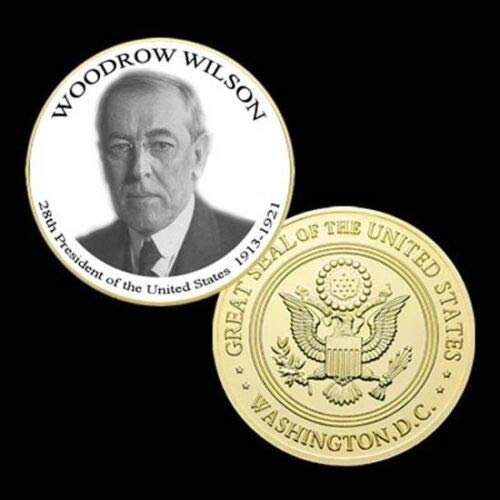 28th President of The U.S. United States 1913-1921 | Woodrow Wilson | Gold Plated Printed Challenge Coin