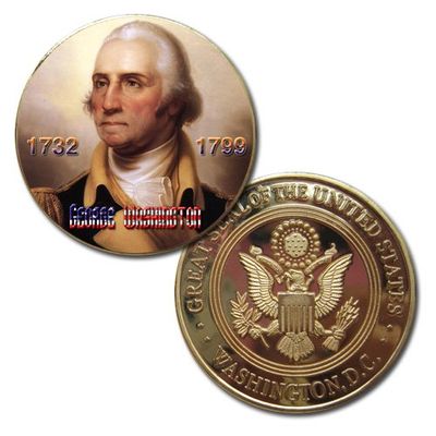 1st President of The U.S. United States | George Washington 1732-1799 | Gold Plated Colorized Printed Challenge Coin
