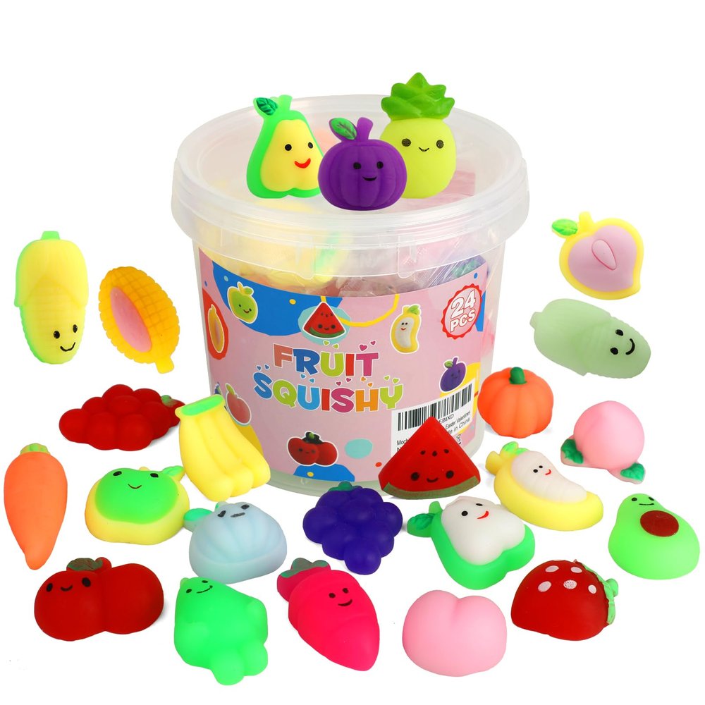 Mochi Squishy Toys, 24 pcs Fruit Squishy Party Favors for Kids Classroom Prize Stress Relief Squishies Bulk Gift for Birthday Pinata Goodie Bag Filler Christmas Stocking Stuffers Easter Valentines