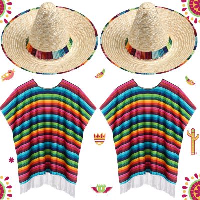 JaGely 4 Pcs Cinco De Mayo Mexican Fiesta Serape Poncho Fabric and Straw Sombrero Headbands Costume(Wide Brim)