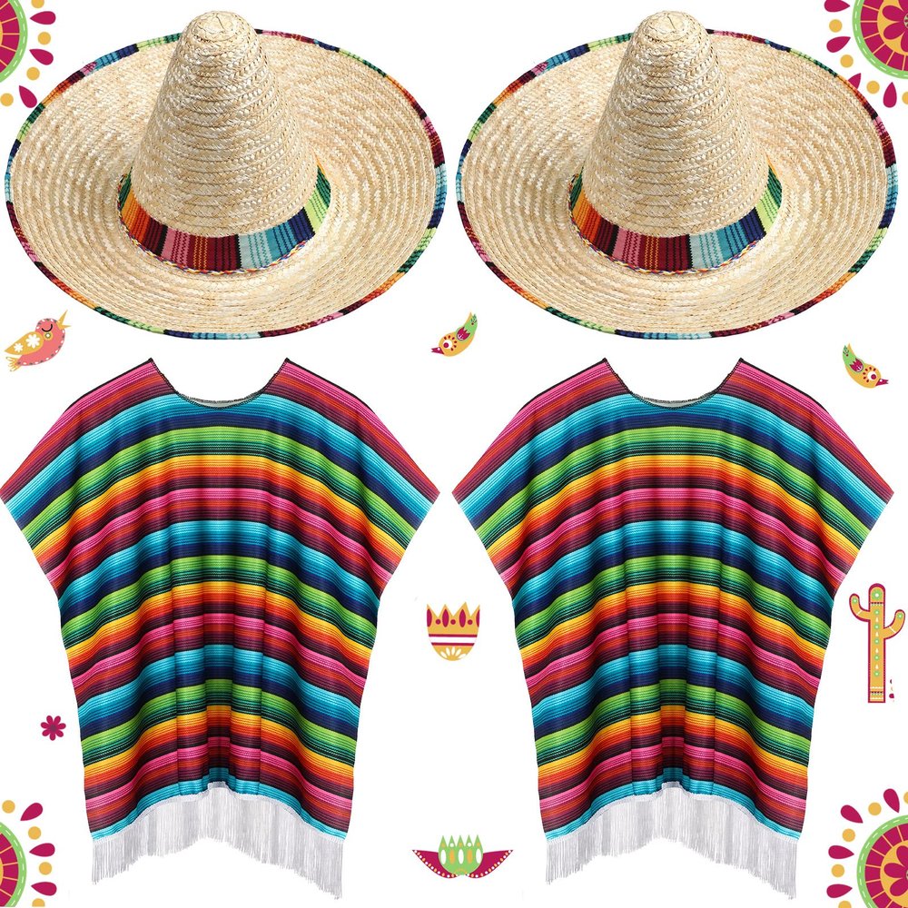 JaGely 4 Pcs Cinco De Mayo Mexican Fiesta Serape Poncho Fabric and Straw Sombrero Headbands Costume(Wide Brim)