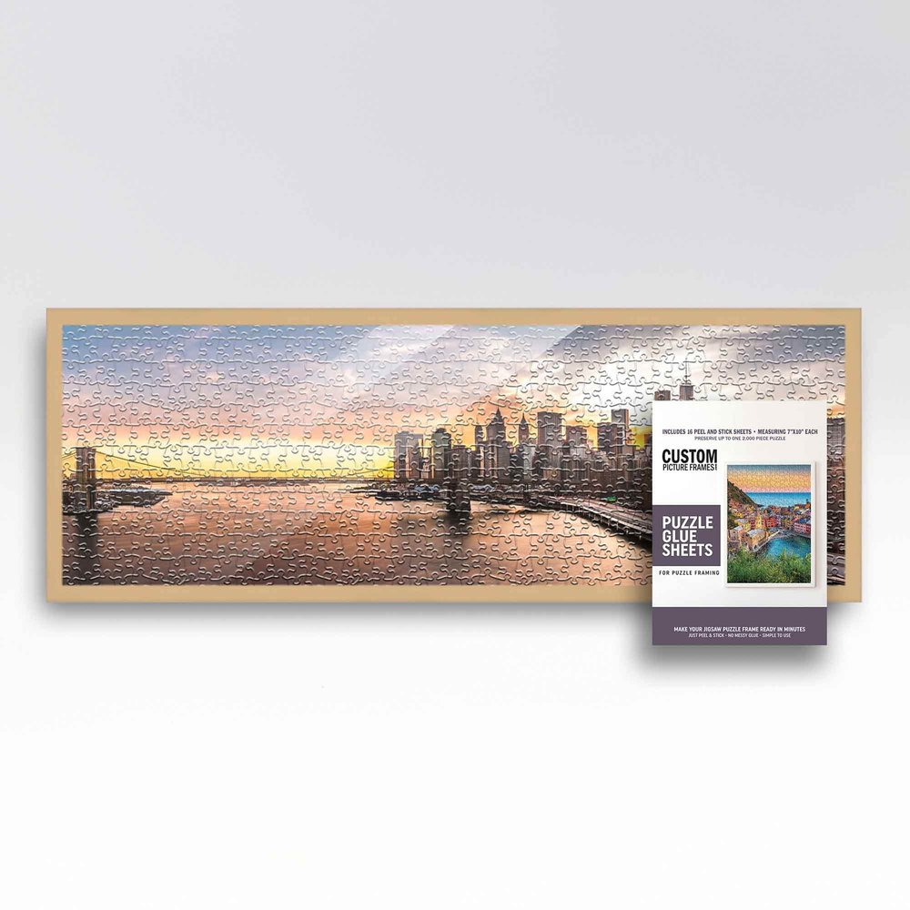 13x39 Natural Solid Wood Picture Frame Set with Peel and Stick Puzzle Glue Sheets | Interior Depth 0.5 Inches | Natural Traditional Puzzle Frame with UV Acrylic, Foam Board Backing & Hanging Hardware