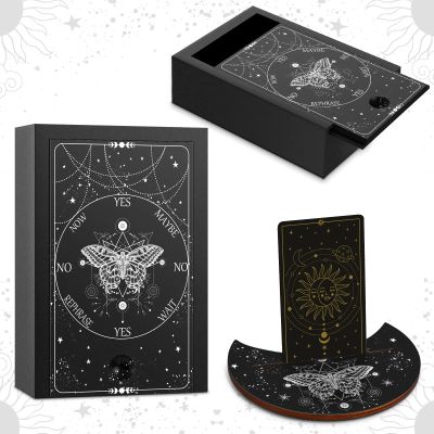 Yulejo Wooden Tarot Card Case and Stand Holder, Cards Box Fortune Telling Trinket Keepsake with Pendulum Board Moon Shape Altar Display for Witch (Stylish Style)