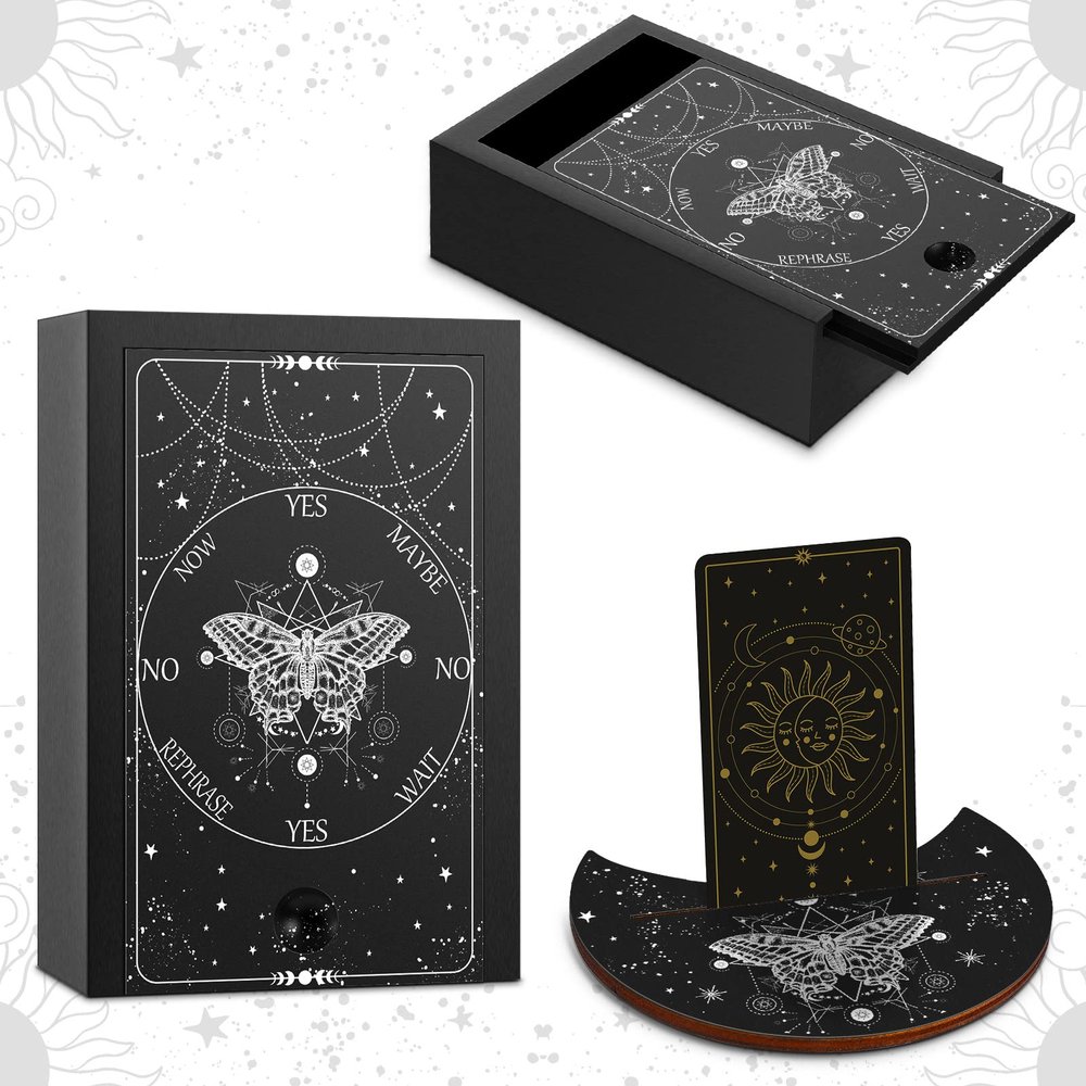 Yulejo Wooden Tarot Card Case and Stand Holder, Cards Box Fortune Telling Trinket Keepsake with Pendulum Board Moon Shape Altar Display for Witch (Stylish Style)