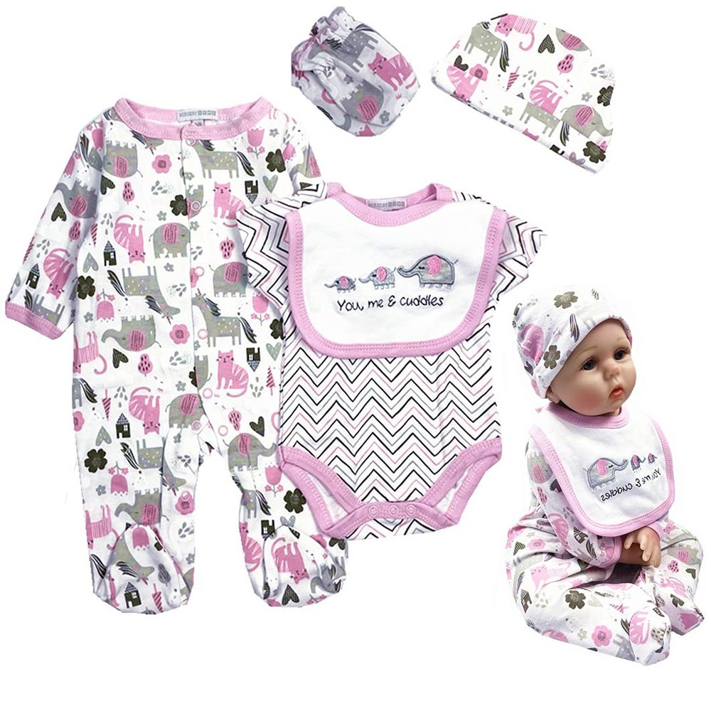 Reborn Baby Girl Doll Clothes 22 inch Newborn Outfits Accesories Elephant 5 Piece Set for 20-22 inch Reborn Doll Matching Clothing