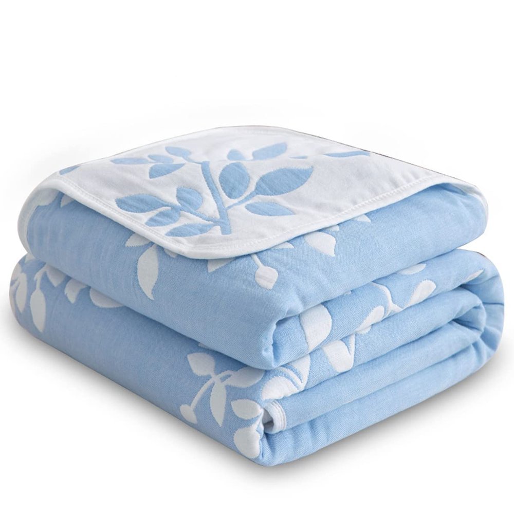 TOLLION Organic Swaddle Blankets Baby Receiving Blankets,Cotton Blankets for Adults, Toddler, Boys and Girls, Warm Soft Blankets and Throws for Bed, Couch, Sofa, Outdoor(Blue Leaves,78" L x 59" W)
