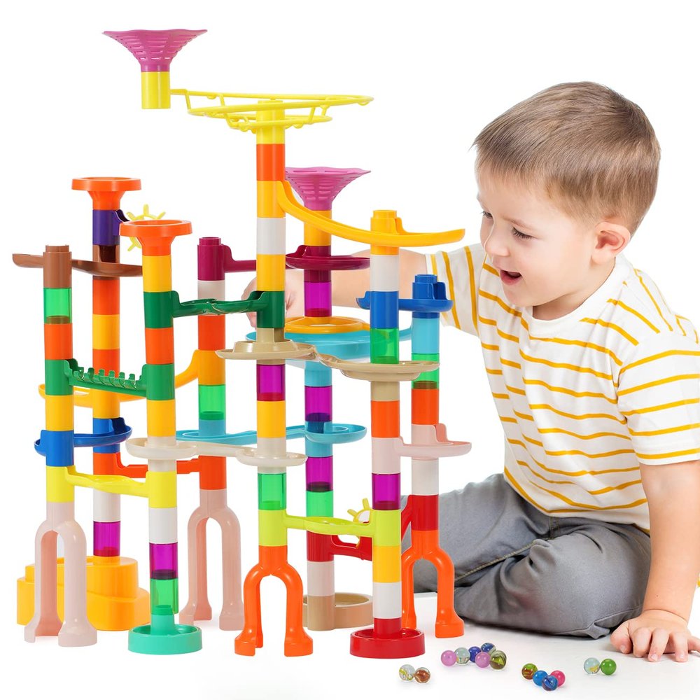 Marble Run, 166Pcs Marble Maze Building Block Toys for Kids, STEM Learning Toys Marble Track Race Set with 30 Glow in The Dark Glass Marbles Birthday Gift Toys for Boys & Girls Aged 3-12