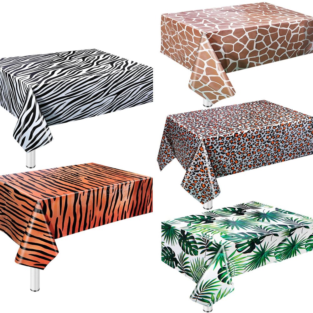 5 Pack Animal Safari Tablecloth,Zoo Print Table Cover,Jungle Animal Theme Leopard Tiger Zebra Giraffe Palm Leaf Print Tablecloth Party Supplies for Zoo Jungle Safari Theme Birthday Party Baby Showers