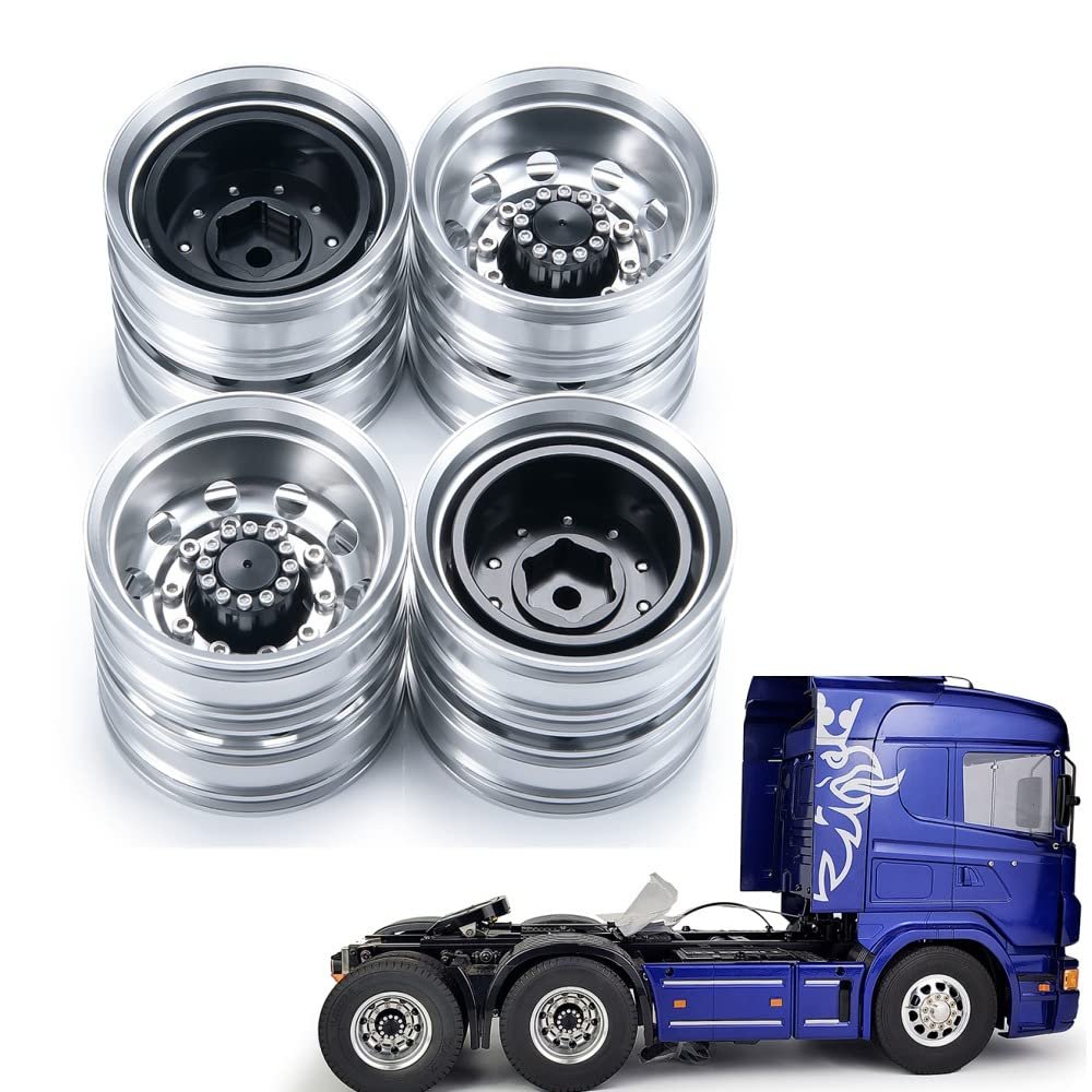 4PCS 1/14th RC Trailer Wheels Aluminum Rear Hubs Upgrade for 1:14 RC Tamiya Tractor Trailer Car (4PCS)
