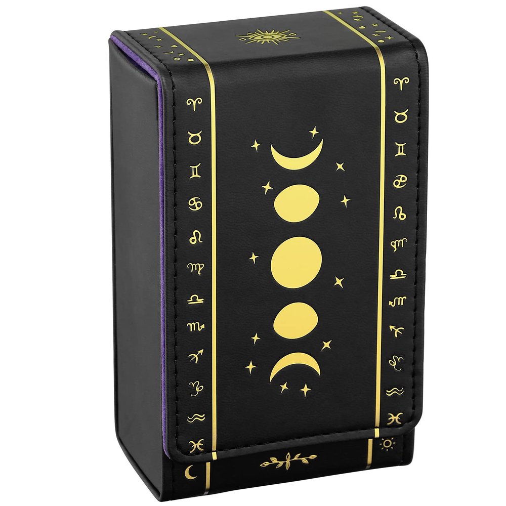 BWTY Best wishes to you Tarot cards holder, Leather Tarot Card Case/box, suitable for Standard size tarot cards (2.75in x 4.75in)-Moon Phase Design (Gold)